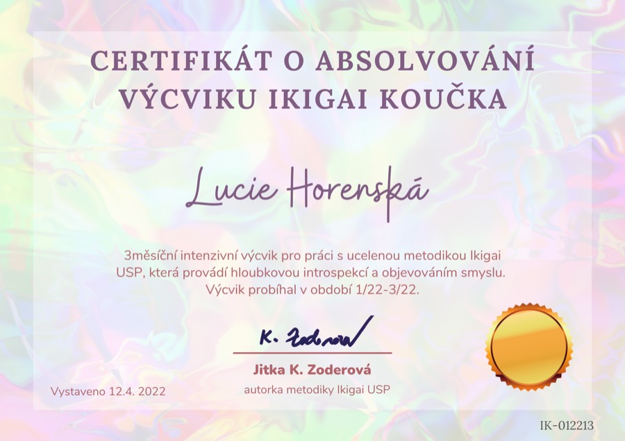 Certifikát o absolvování výcviku Ikigai koučka